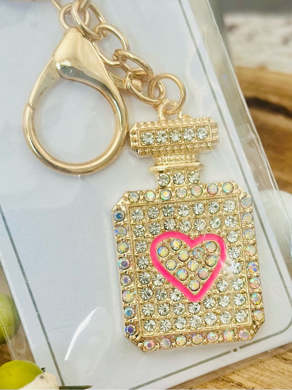 Bag Charm Gold Crystal Perfume Bottle Keychain w/ Pink Enameled Heart NWT